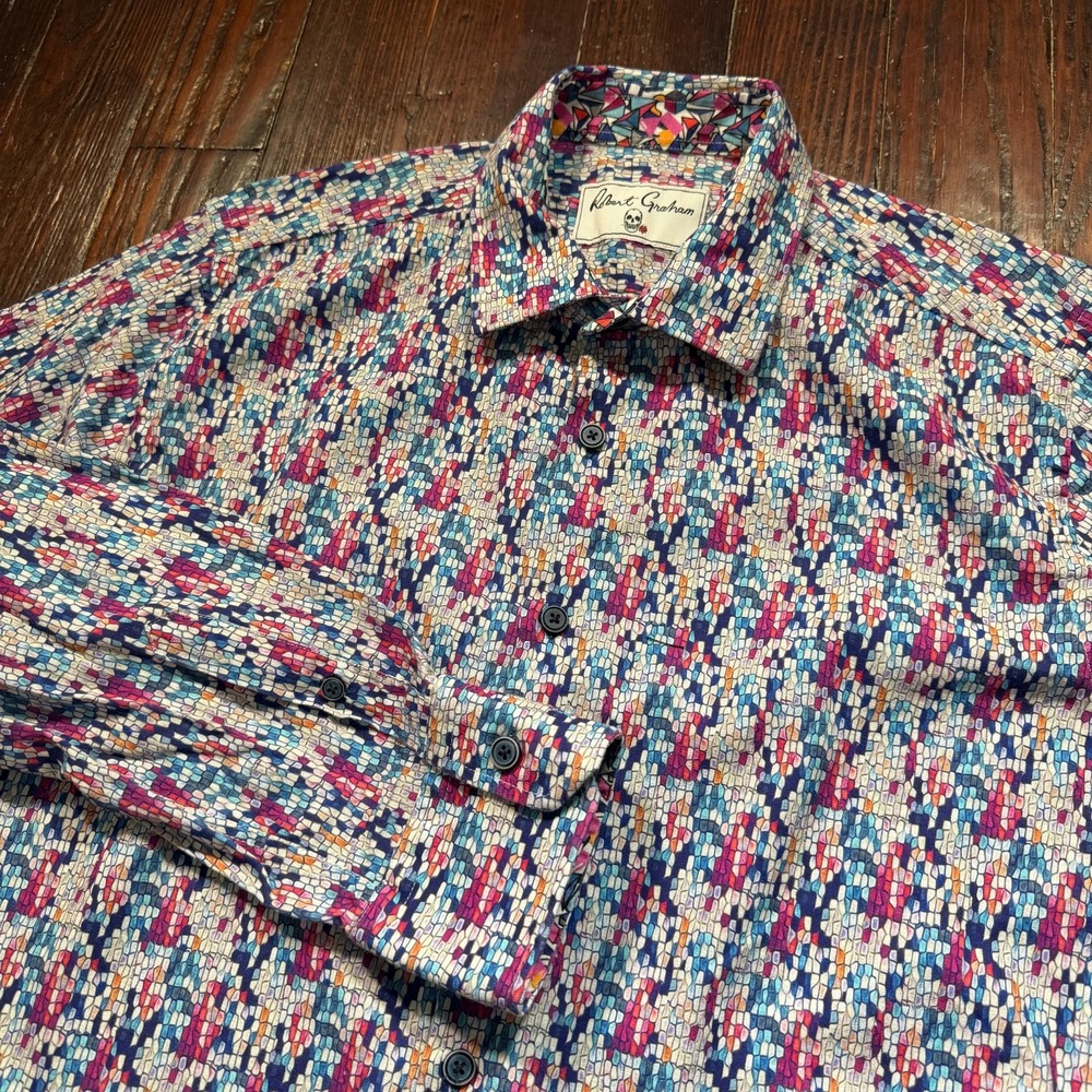 Robert Graham Shirt Mens XL Mosaic Scales Linen Blend Classic Button Down‎ - EUC